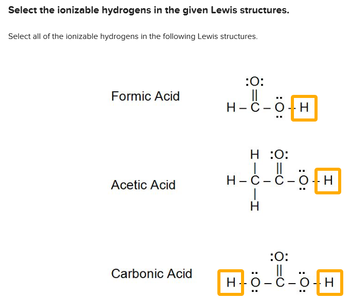 Select all of the ionizable hydrogens in the following lewis structures